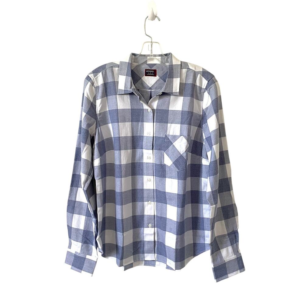 UNTUCKit Plaid Button Down Collared Blouse Shirt Navy Blue White Size 10 NEW